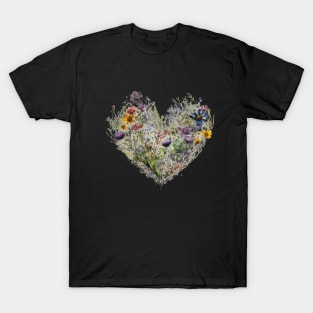 Floral Garden Botanical Print with wild flowers Heart Valentines T-Shirt